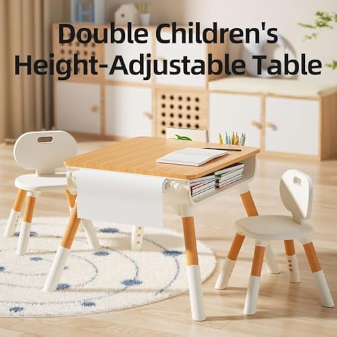 rayihni KIDS STUDY TABLE, AND 2 CHAIRS SET, 79 * 62 * 55CM, HEIGHT ADJUSTABLE TABLE AND CHAIRS, PLAY AND ACTIVITY DESK WITH PAPER ROLL, STORAGE BASKET AND DRAWERS, SUITABLE FOR DAYCARE, CLASSROOMS, HOME - Image 3